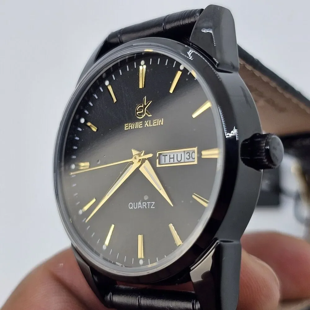 38MM Men’s Ernie Klein Watch Black Dial Day‎ Date Indicators Black Leather Bands